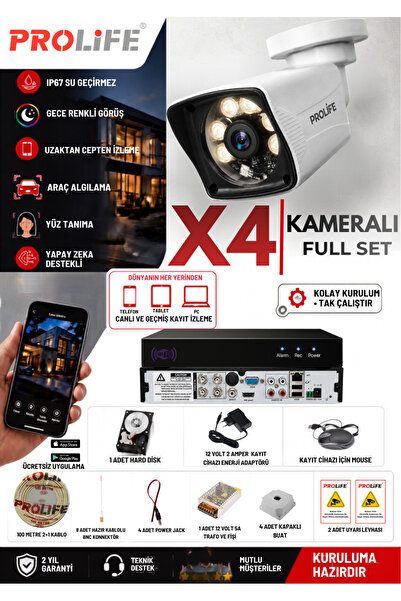 PROLİFE 4 Kameralı Full Set 1080p Full Hd Gece Renkli Görüş Güvenlik Kamerası...