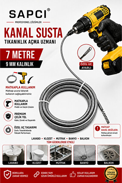 Sapcı Premium 7 metre 9 mm Matkaplı Kullanım Özel Seri Uçlu Lavabo Mutfak Ban...