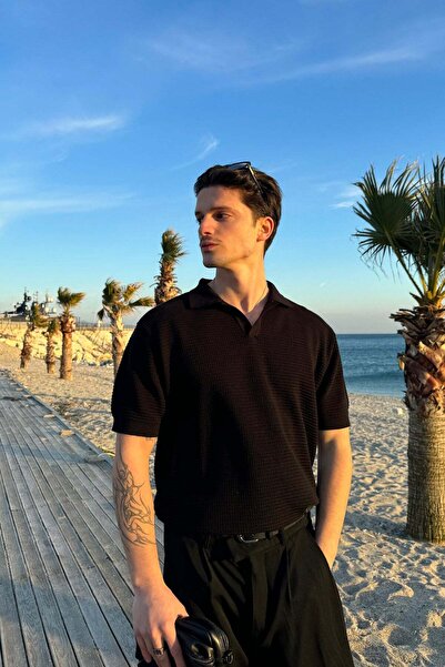 Flaw Wear Lace-Like Knit Patched Knitwear Polo Neck T-Shirt Black
