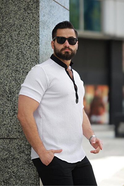 BAYIM Beyaz Slim Fit Hakim Yaka Likralı Gofre Kumaş Kısa Kollu Erkek Gömlek