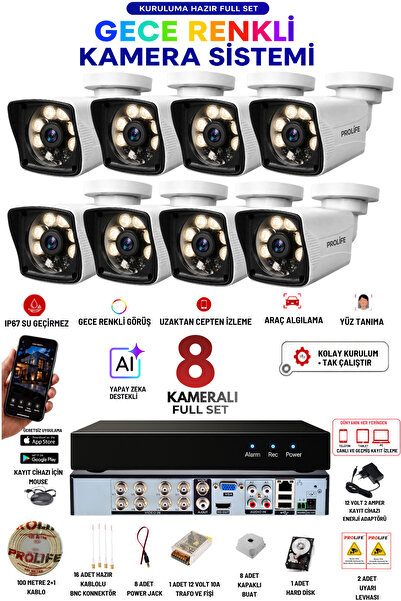 PROLİFE 8 Kameralı 5 MP Full HD Gece Renkli Yüz ve Araç Algılamalı Kuruluma H...