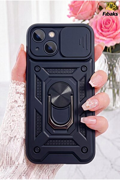 Fibaks iPhone 13 Kılıf Kamera Korumalı Sürgülü Yüzüklü Armor Military Tank Zı...