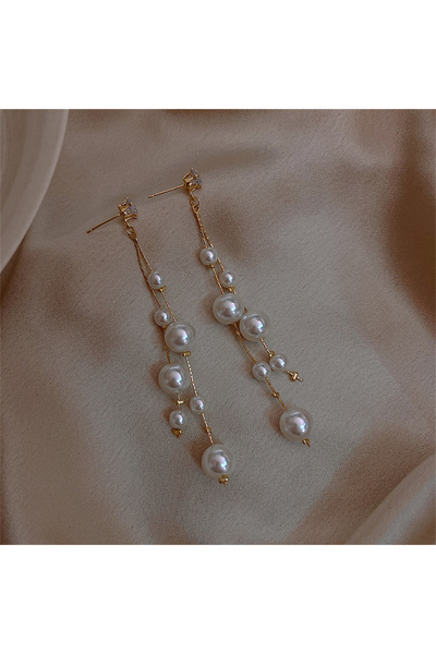Choice NJ-1439 Luxurious Long Pearl Tassel Drop Earring Gold Color Zircon Cry...