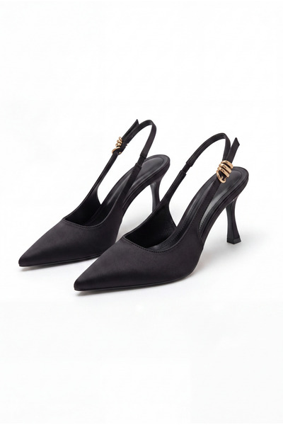 Shoesers Women's Black Satin Design Elastic Band Pointed Toe Thin Casual Heel...