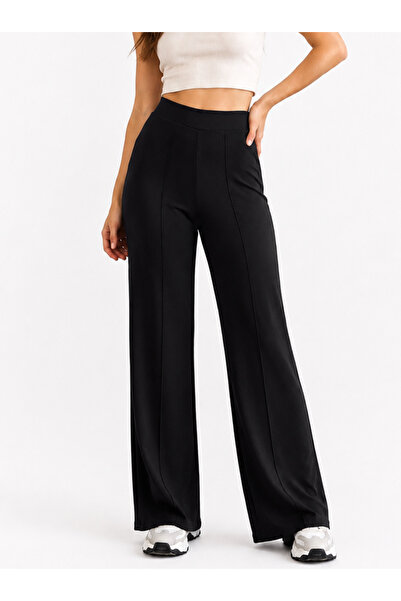 Warasiva Women's Black Front Ribbed Wide Fit Wide Leg Modal Fabric High Waist...
