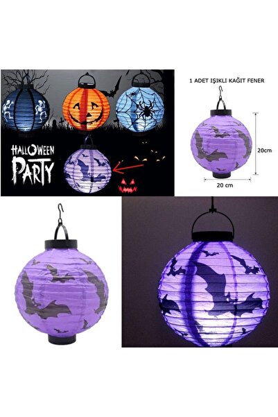 partidolu Halloween 20 cm Led Işıklı Yarasa Desenli Mor Renk Kağıt Japon Fene...
