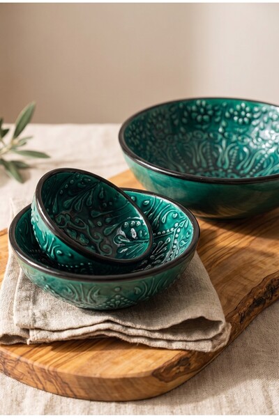 Mijja Handmade Patterned 3-Piece Tile Appetizer Salad Snack Sauce Turkish Del...