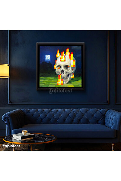Tablofest Kare Kanvas Tablo Skull On Fire Minecraft Tablosu Ev Ofis Salon Duv...