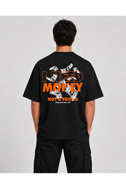 chaygoy Unisex Relaxed Fit Siyah Tişört I Need Money Ön ve Sırt Baskılı %100 Pamuk