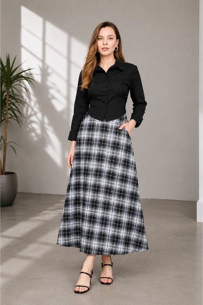 Nuevo Women's Black and White Plaid Patterned High Waist Midi Skirt with Pock...