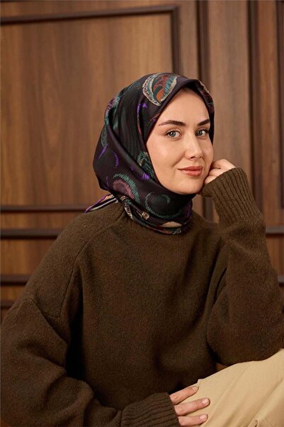 Silk Home وشاح حريري من التويل بلون بني غامق ونقشة باتينا 90x90