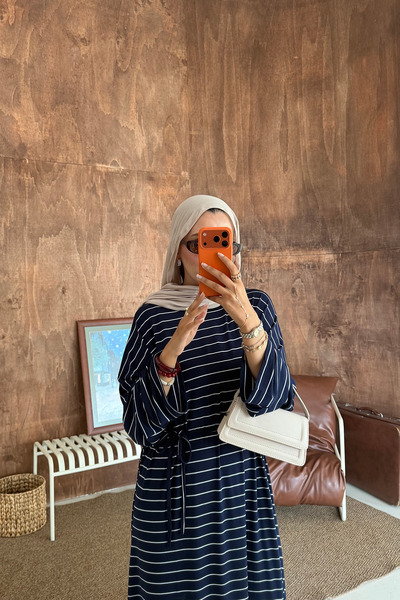 ensade فستان نسائي صيفي من القطن المخطط بتصميم فضفاض ومريح مع حزام طويل