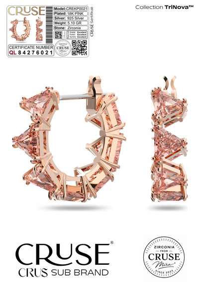 Cruse 925 Ayar Gümüş TriNova™ Pembe Taşlı Halka Küpe 18 Ayar Pembe Altın Kapl...