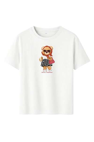 DK DAKSEL White Color Oversize Teddy Bear Printed Women's T-Shirt