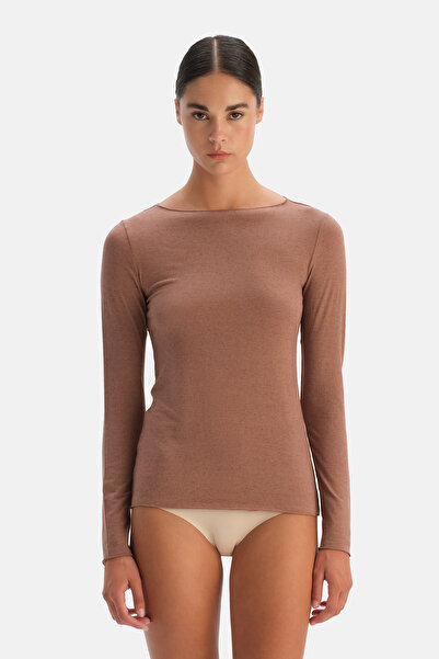 Dagi Mocha Modal Cashmere Boat Neck Long Sleeve Top