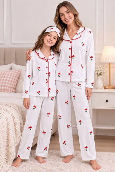 Fil Kids Mother-Daughter Cotton Milan Fabric White Cherry Pattern Shirt Colla...