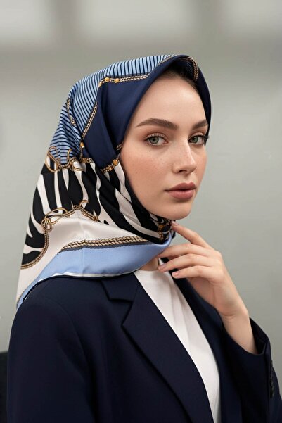 Vissona %100 Twill İpek Zincirli Ve Zebra Desenli Bebe Mavisi - Lacivert Renk...