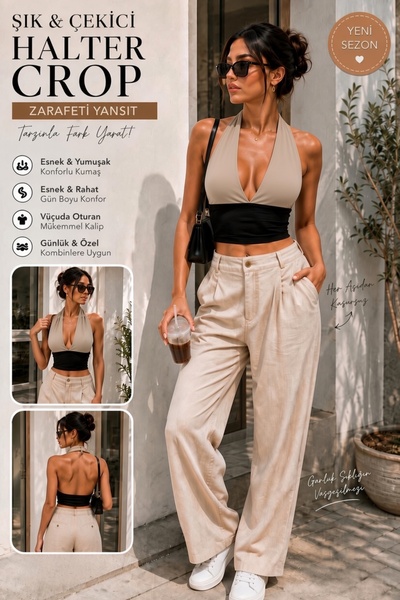 Olyssia Premium - Kadın Vizon Halter Yaka Crop Top Büstiyer / Esnek Şık Basic Üst