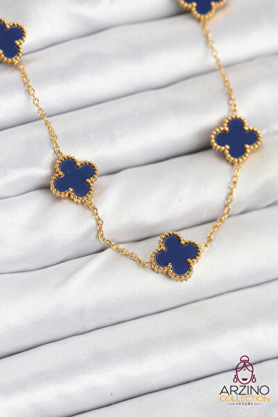 Generic Brand 316L Steel Chain Gold Color Navy Blue Clover Women's Necklace