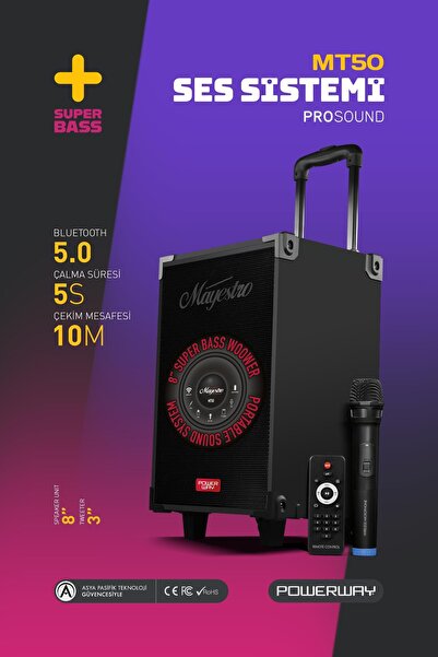 POWERWAY MT50 Şarjlı Mikrofonlu Hoparlör Karaoke Sistemi Taşınabilir Amfi Büy...