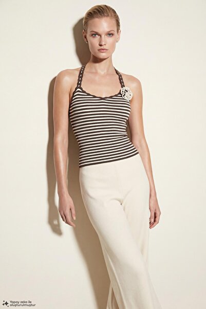 JOIN US Handcrafted Floral Detailed Striped Multi Blouse