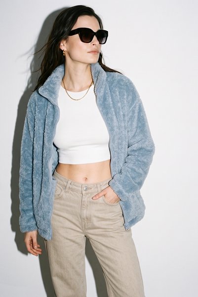 Purpleclo Cardigan de pluș Teddy cu fermoar supradimensionat pentru femei