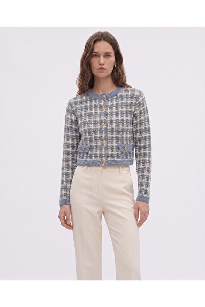 Qoolest Blue Plaid Knitwear Crop Jacket
