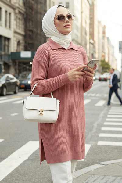 N.S NEVA STYLE Ribbed Dusty Rose Hijab Knitwear Tunic 65903Gk