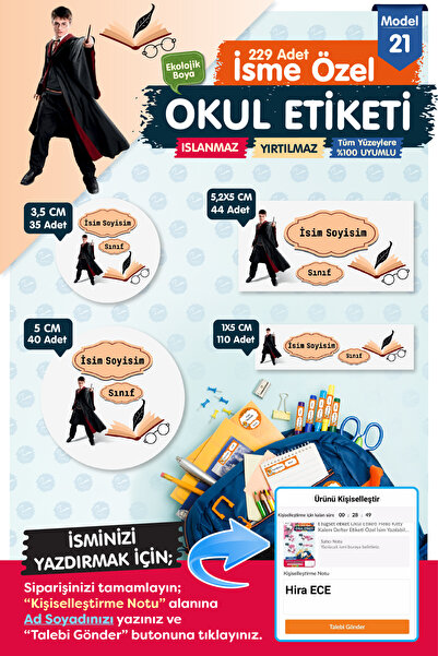 t tuğset etiket Okul Etiketi Harry Potter Kalem Defter Etiketi Özel İsim Yazı...