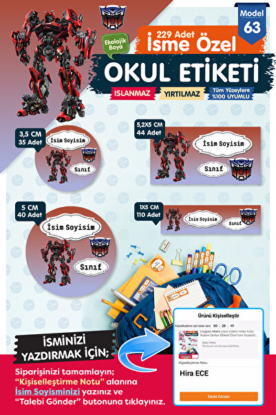 t tuğset etiket Okul Etiketi Transformers Kalem Defter Etiketi Özel İsim Yazı...