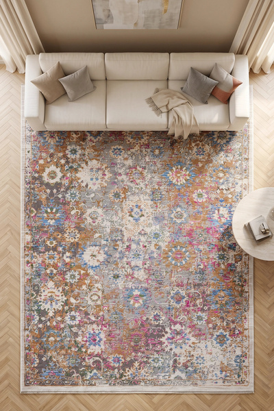 Eliz Home Eskitme Çok Renkli Vintage Çiçekli Halı Bambu Polyester Oturma Odas...