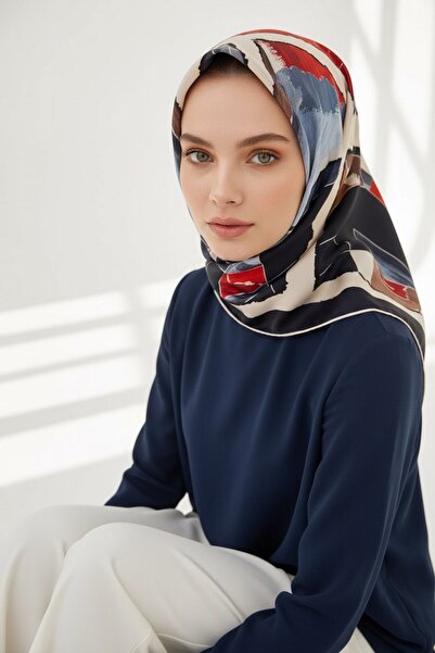 Vissona %100 Twill İpek Geometrik Desenli Lacivert - Kırmızı Renkli 90x90 Eşa...
