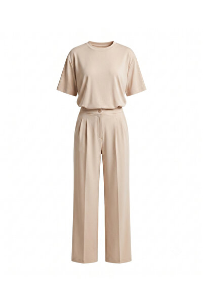 Bade Butik Beige Pleated Modal T-Shirt Set