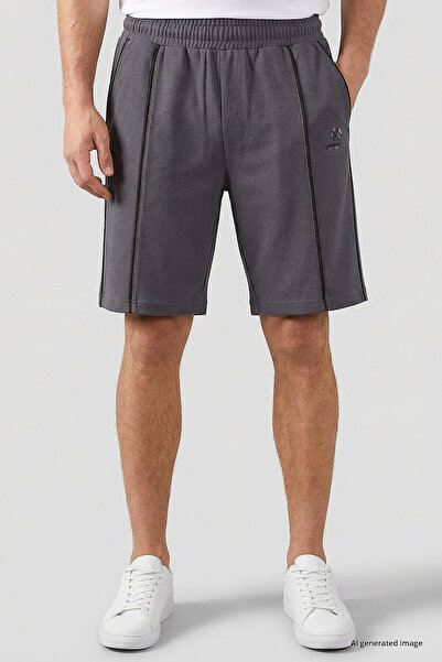 TOMMY LIFE Dark Gray Oversize Fit Basic Men's Shorts with Front Stitching Det...