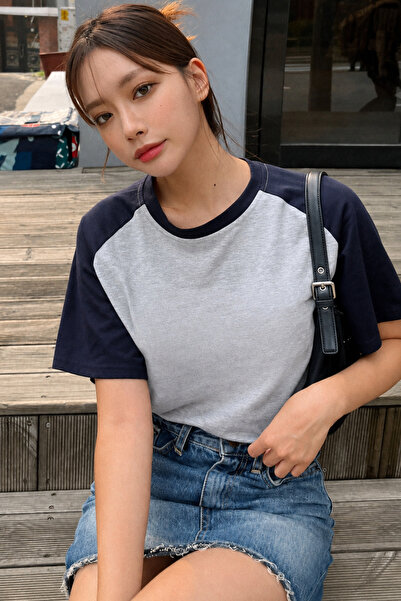 DUBU BUTİK Gray Body Navy Blue Raglan Sleeve Single Jersey T-Shirt - Oversize...