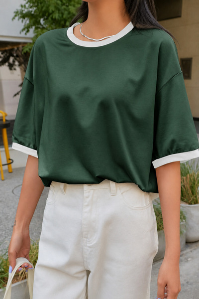 CLAYES Nefti Green Body White Piping T-Shirt - Oversize Crew Neck Short Sleev...