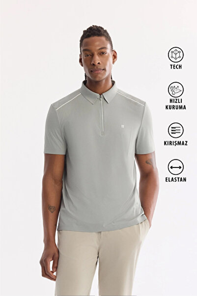 Avva Men's Light Green Polo Collar Zippered Wrinkle-Resistant Quick-Drying Te...
