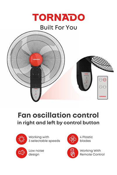 Tornado Wall Fan, 18 inch, Oscillation Directions, 3 Speed Levels 4 Blades wi...