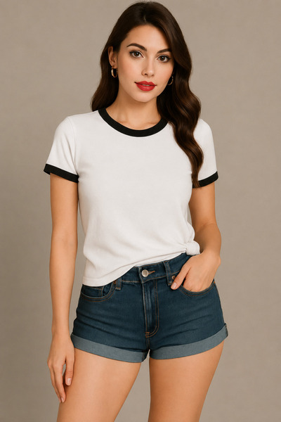 CLAYES White Body Black Piping T-Shirt - Oversize Crew Neck Short Sleeve T-Shirt