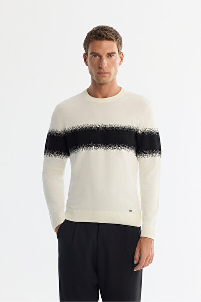 Avva Men's Black Crew Neck Striped Soft Touch Knitwear Regular Fit Sweater A4...