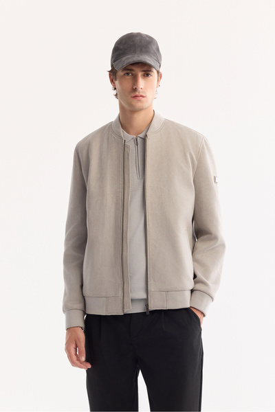 Avva Men's Light Gray Bomber Collar Suede Textured Seasonal Comfort Fit Coat ...