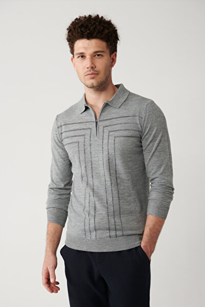 Avva Grauer gestreifter Strickpullover aus Wolle mit Reißverschluss für Herre...
