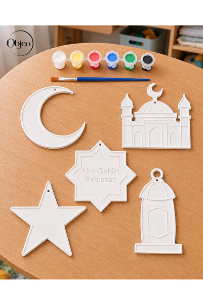 Ramazan Temalı Çocuk Boyama Seti - 5 Parça+6 Renk Akrilik Boya+Fırça - Çocuklar için 3D Boyanabilir Objeler
