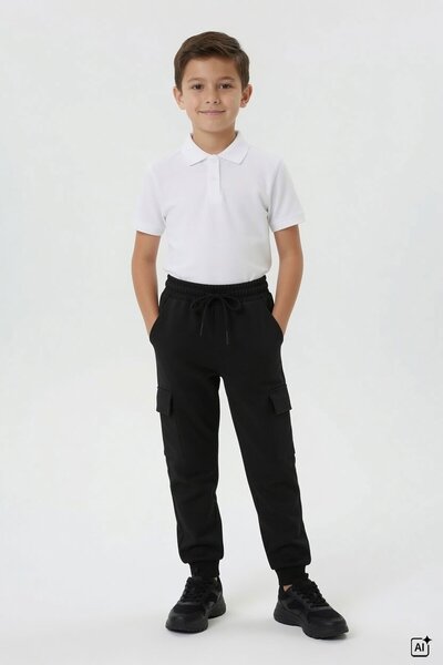 Cansın Mini Boy's Black School SwEatpants with Cargo PockEt and Elastic Waist...