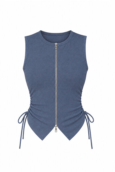 Merci Kadın Antrasit Ön Fermuarlı Ayarlanabilir Yan Büzgü Likralı Kolsuz Crop...