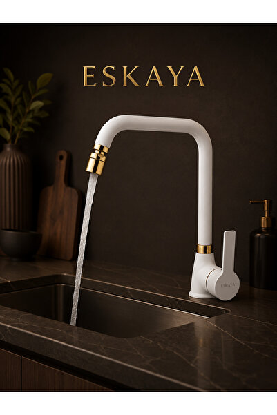ESHOME Beyaz Gold 360 derece Hareketli Başlıklı Mutfak Eviye Bataryası Musluğu