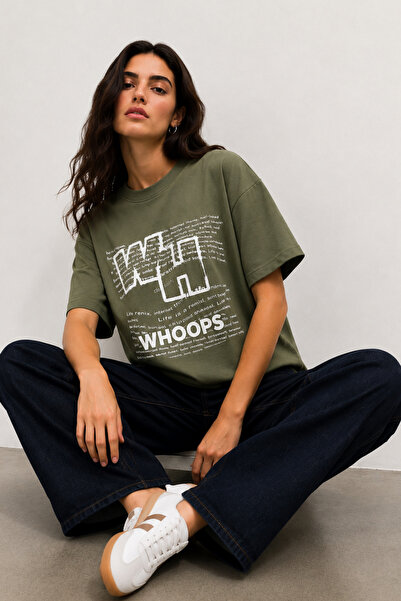 DI LORIA Women's Green Oversize Whoops Printed Lycra Crew Neck T-Shirt (95% C...