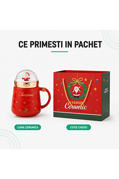 Timebox Cană cadou tematică de Crăciun din ceramică, cu capac în formă de glob de zăpadă și mâner, ușor de curățat, material durabil, festiv.