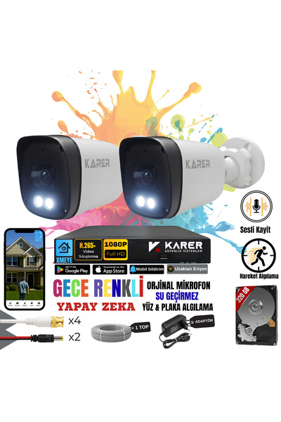 Exitcam-2'li AHD Güvenlik Kamera Seti-Gece Renkli- Su Geçirmez-Sesli Kayıt Full HD