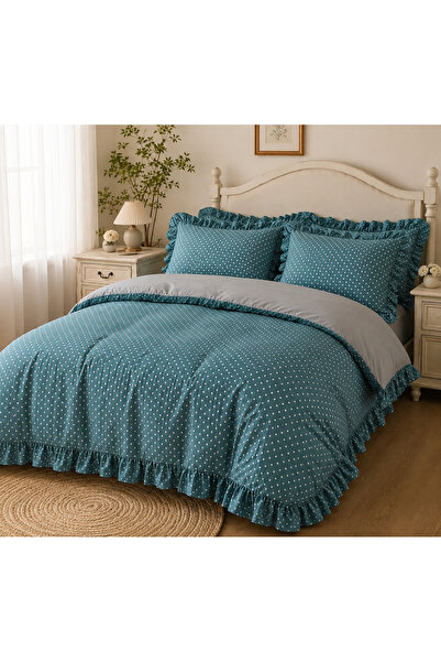 DüşEvi Green Ruffle Detailed Polka Dot Duvet Cover Set Soft Textured Cotton D...
